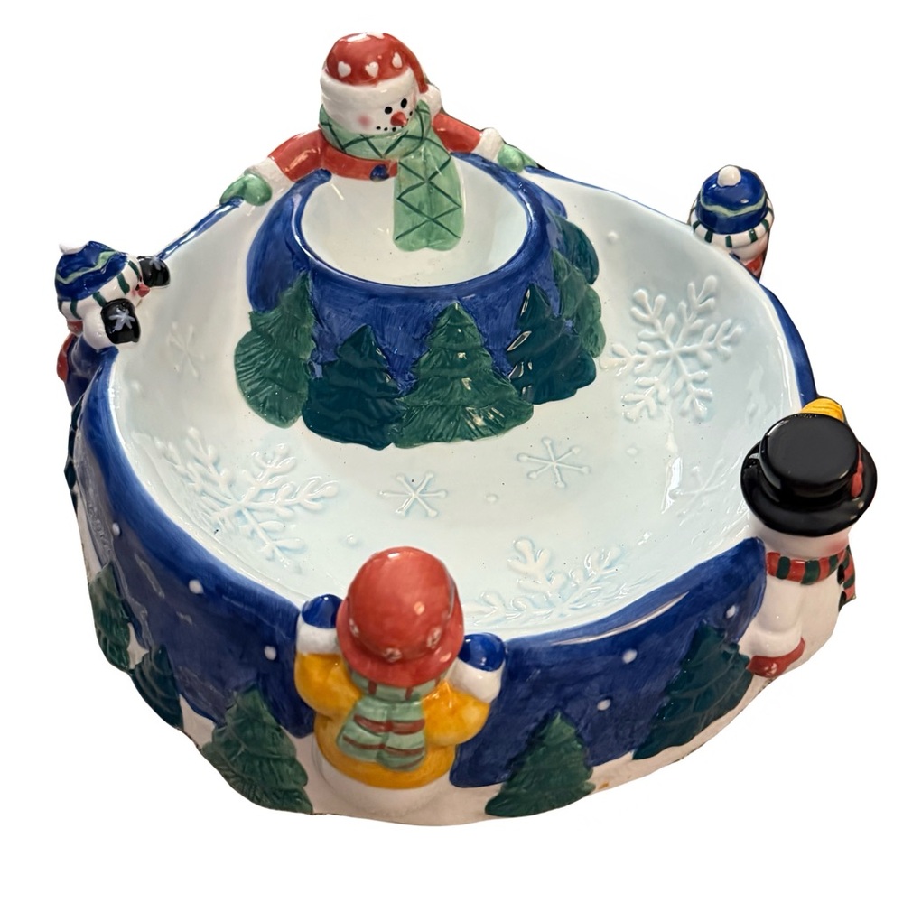 Vintage Snowman Chip and Dip Serving Bowl Dish Snowflake Vintage Christmas